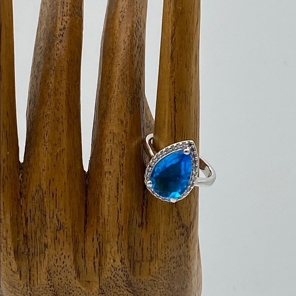 Teardrop Blue Gemstone Cocktail Ring with Crystal Halo • Silver Tone - Picture 7 of 12